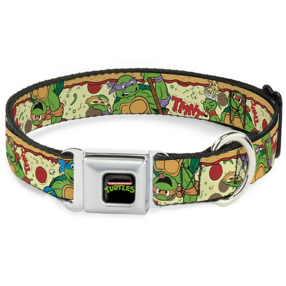 Nickelodeon Pet Collar, Dog Collar Metal Seatbelt Buckle, Classic TMNT Turtle Pizza, 9.5 to 13 Inches 1.0 Inch Wide