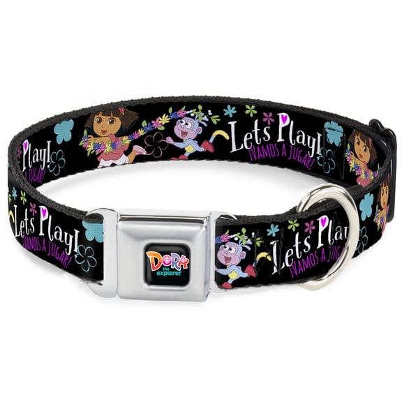Nickelodeon Pet Collar, Dog Collar Metal Seatbelt Buckle, Dora Boots Pose Floral Lets Play Vamos A Jugar Black, 11 to 16.5 Inches 1.0 Inch Wide