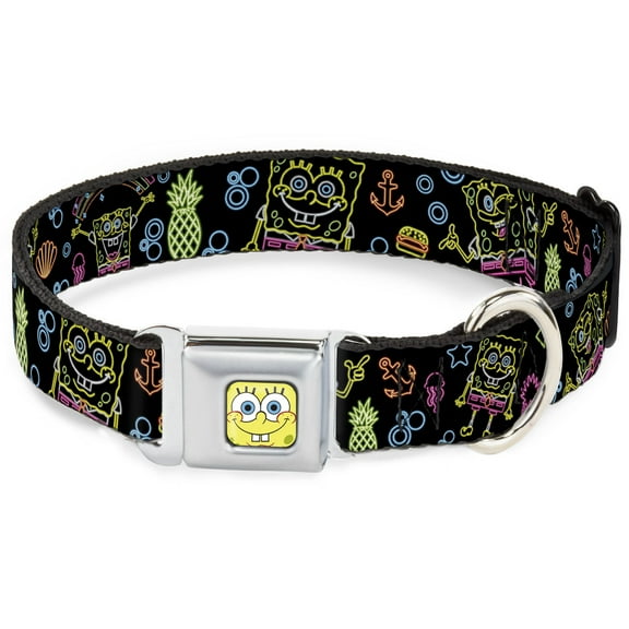 Nickelodeon Pet Collar, Dog Collar Metal Seatbelt Buckle, Electric Spongebob Poses Elements Black Multi Color, 9.5 to 13 Inches 1.0 Inch Wide