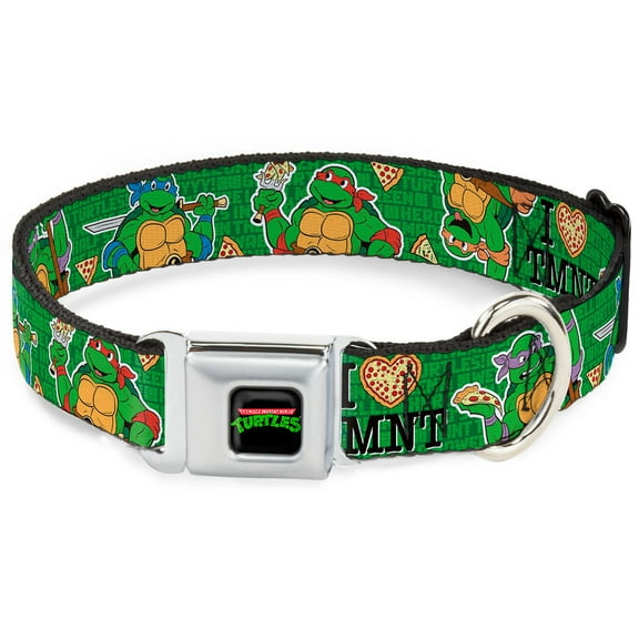 Nickelodeon Pet Collar, Dog Collar Metal Seatbelt Buckle, I Heart TMNT Classic Turtles Pizza Green, 9.5 to 13 Inches 1.0 Inch Wide