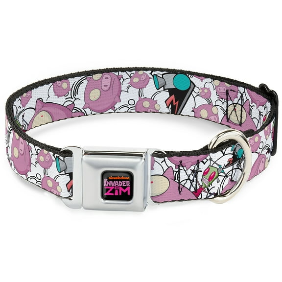 Nickelodeon Pet Collar, Dog Collar Metal Seatbelt Buckle, Invader Zim GIR and Piggy Doddles White Black, 9.5 to 13 Inches 1.0 Inch Wide