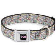 Nickelodeon Pet Collar, Dog Collar Metal Seatbelt Buckle, Nick 90s Rewind Character Mash Up Collage White, 20 to 31 Inches 1.5 Inch Wide