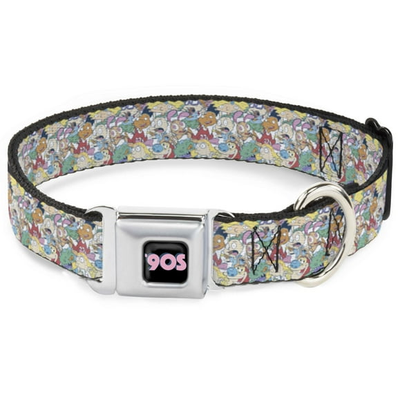 Nickelodeon Pet Collar, Dog Collar Metal Seatbelt Buckle, Nick 90s Rewind Character Mash Up Collage White, 9.5 to 13 Inches 1.0 Inch Wide