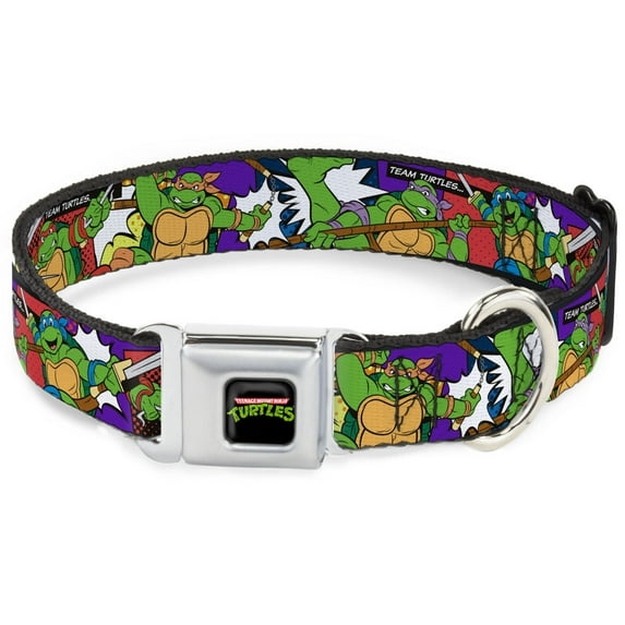 Nickelodeon Pet Collar, Dog Collar Metal Seatbelt Buckle, Ninja Turtles Action Poses Team Turtles, 11 to 16.5 Inches 1.0 Inch Wide
