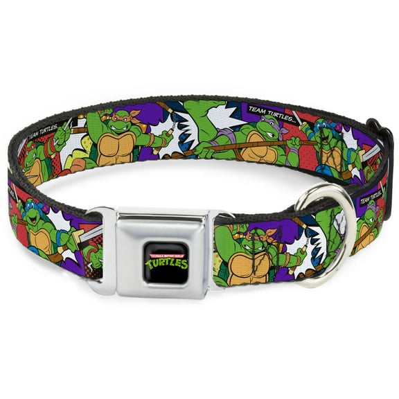 Nickelodeon Pet Collar, Dog Collar Metal Seatbelt Buckle, Ninja Turtles Action Poses Team Turtles, 15 to 24 Inches 1.0 Inch Wide