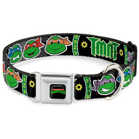 Nickelodeon Pet Collar, Dog Collar Metal Seatbelt Buckle, Ninja Turtles Group Faces TMNT Ninja Star Black Green, 20 to 31 Inches 1.5 Inch Wide