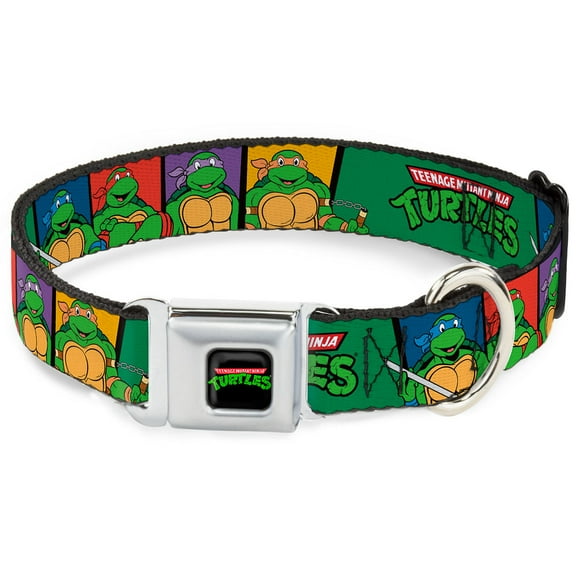 Nickelodeon Pet Collar, Dog Collar Metal Seatbelt Buckle, Ninja Turtles Group Pose TMNT Logo Green Multi Color, 16 to 23 Inches 1.5 Inch Wide
