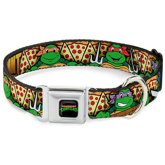 Nickelodeon Pet Collar, Dog Collar Metal Seatbelt Buckle, Ninja Turtles Turtle Poses Pizza Slices, 16 to 23 Inches 1.5 Inch Wide