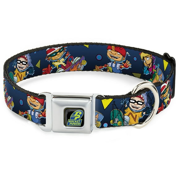 Nickelodeon Pet Collar, Dog Collar Metal Seatbelt Buckle, Rocket Power Character Poses Shapes Cool Gray Multi Color, 9.5 to 13 Inches 1.0 Inch Wide