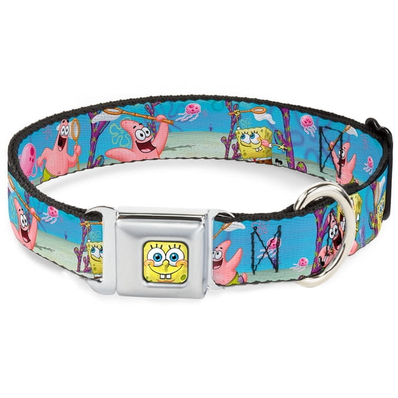 Nickelodeon Pet Collar, Dog Collar Metal Seatbelt Buckle, Spongebob Patrick Starfish Jellyfishing Scenes, 15 to 24 Inches 1.0 Inch Wide