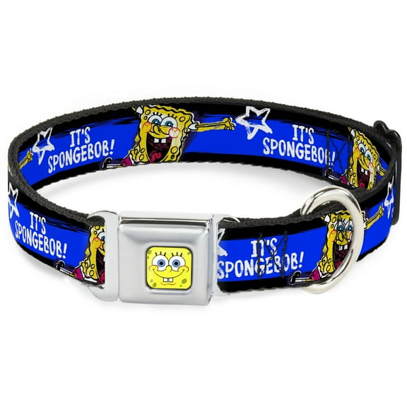 Nickelodeon Pet Collar, Dog Collar Metal Seatbelt Buckle, Spongebob Pose Its Spongebob Stripe Black Blue White, 9.5 to 13 Inches 1.0 Inch Wide