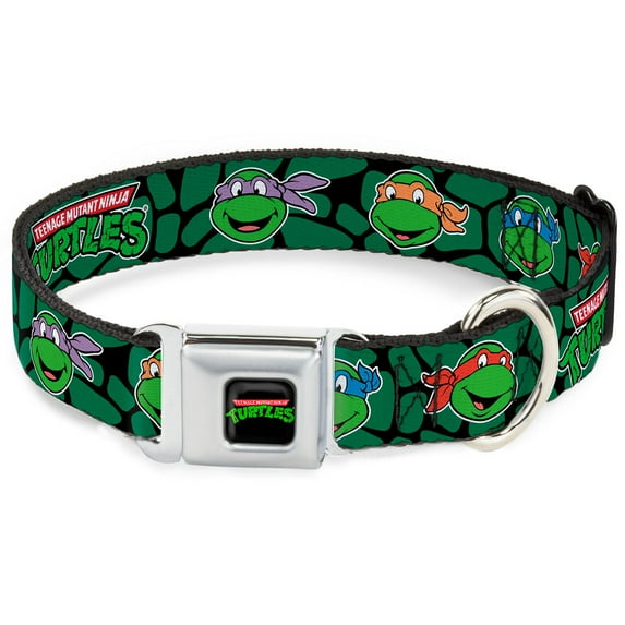 Nickelodeon Pet Collar, Dog Collar Metal Seatbelt Buckle, TMNT Teenage Mutant Ninja Turtles Faces Green Turtle Shell, 15 to 24 Inches 1.0 Inch Wide