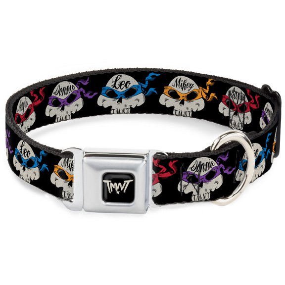 Nickelodeon Pet Collar, Dog Collar Metal Seatbelt Buckle, TMNT Turtle Road Rebel Skulls Black, 15 to 24 Inches 1.0 Inch Wide