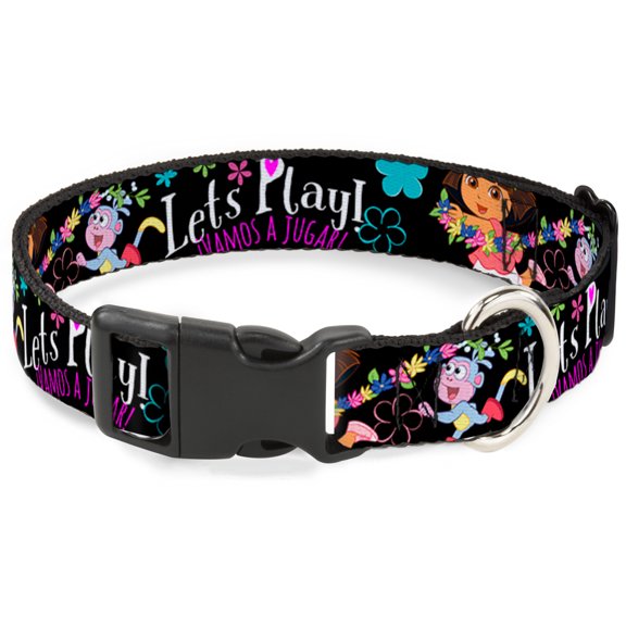 Nickelodeon Pet Collar, Dog Collar Plastic Buckle, Dora Boots Pose Floral Lets Play Vamos A Jugar Black, 11 to 16.5 Inches 1.0 Inch Wide