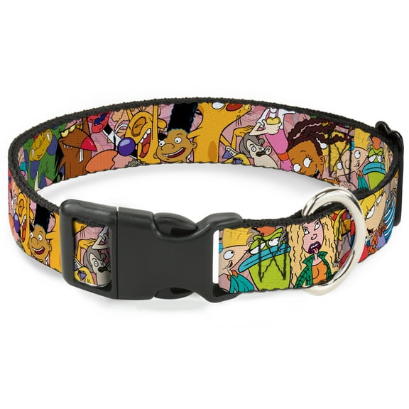 Nickelodeon Pet Collar, Dog Collar Plastic Buckle, Nick 90s Rewind Character Mash Up Collage Pinks, 7 to 8.5 Inches 0.5 Inch Wide
