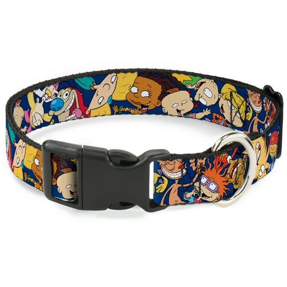 Nickelodeon Pet Collar, Dog Collar Plastic Buckle, Nick 90s Rewind Character Poses Navy Blue, 8.5 to 12 Inches 0.5 Inch Wide