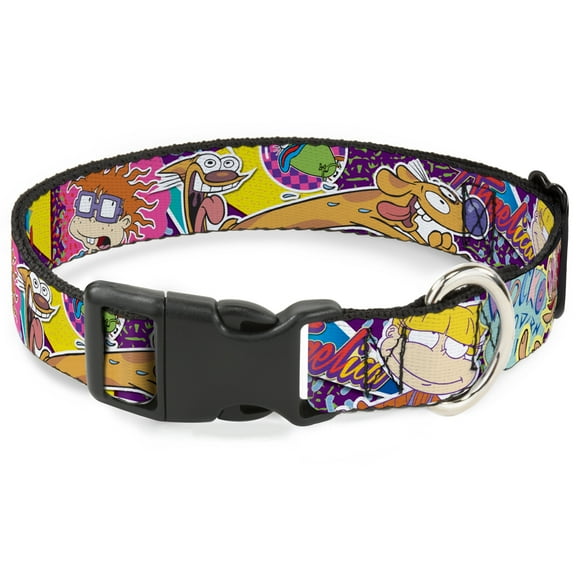 Nickelodeon Pet Collar, Dog Collar Plastic Buckle, Nick 90s Rewind Characters and Logo Collage, 7 to 8.5 Inches 0.5 Inch Wide