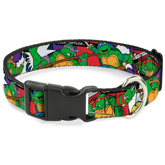 Nickelodeon Pet Collar, Dog Collar Plastic Buckle, Ninja Turtles Action Poses Team Turtles, 16 to 23 Inches 1.5 Inch Wide
