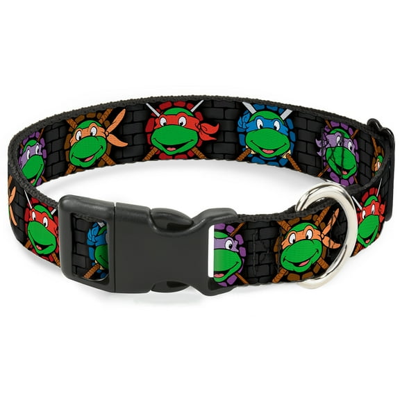 Nickelodeon Pet Collar, Dog Collar Plastic Buckle, Ninja Turtles Expressions Battle Gear Gray Multi Color, 13 to 17 Inches 1.5 Inch Wide