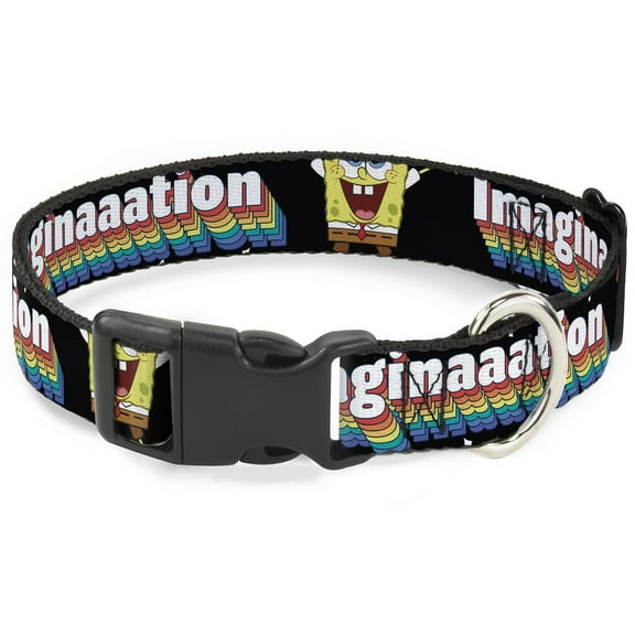 Nickelodeon Pet Collar, Dog Collar Plastic Buckle, SpongeBob Arms Up Rainbow Pose Imaginaaation Black Multi, 7 to 8.5 Inches 0.5 Inch Wide