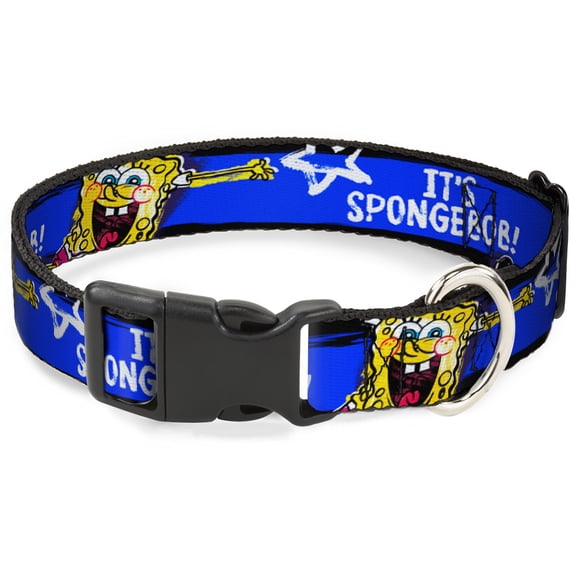Nickelodeon Pet Collar, Dog Collar Plastic Buckle, Spongebob Pose Its Spongebob Stripe Black Blue White, 7 to 8.5 Inches 0.5 Inch Wide