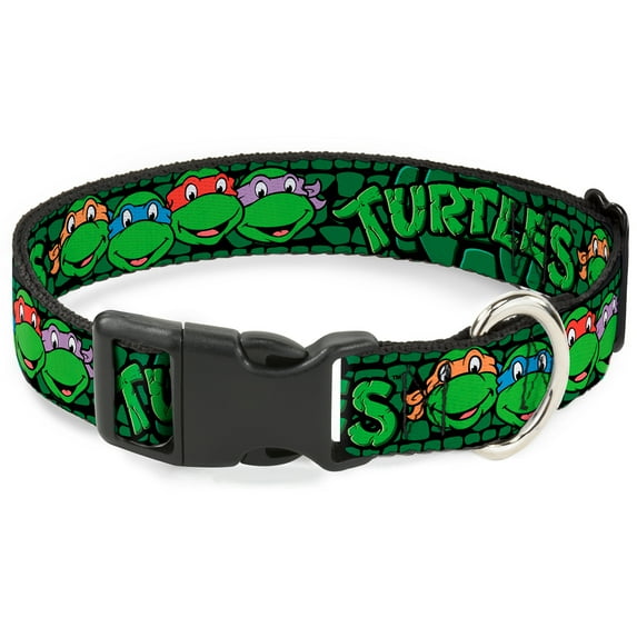 Nickelodeon Pet Collar, Dog Collar Plastic Buckle, TMNT Ninja Turtles Group Faces Turtle Shell Black Green, 20 to 31 Inches 1.5 Inch Wide