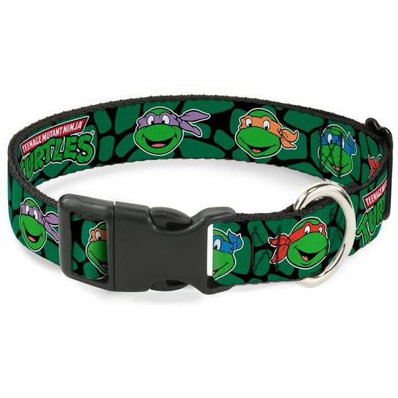 Nickelodeon Pet Collar, Dog Collar Plastic Buckle, TMNT Teenage Mutant Ninja Turtles Faces Green Turtle Shell, 11 to 16.5 Inches 1.0 Inch Wide