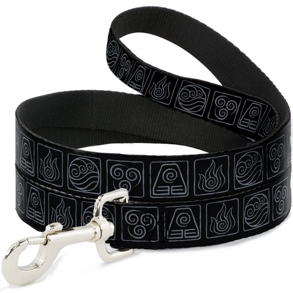 Nickelodeon Pet Leash, Dog Leash, Avatar the Last Airbender Bending Elements Icons Black Gray, 4 Feet Long 1.0 Inch Wide