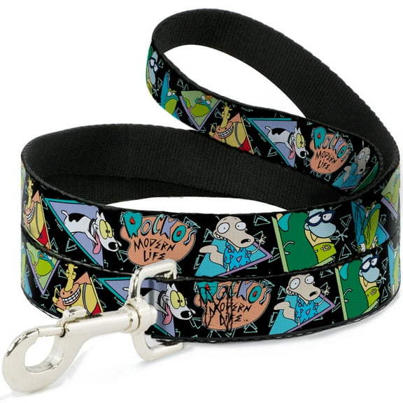 Nickelodeon Pet Leash, Dog Leash, Rockos Modern Life Character Portraits Triangles Black Blue, 4 Feet Long 1.0 Inch Wide