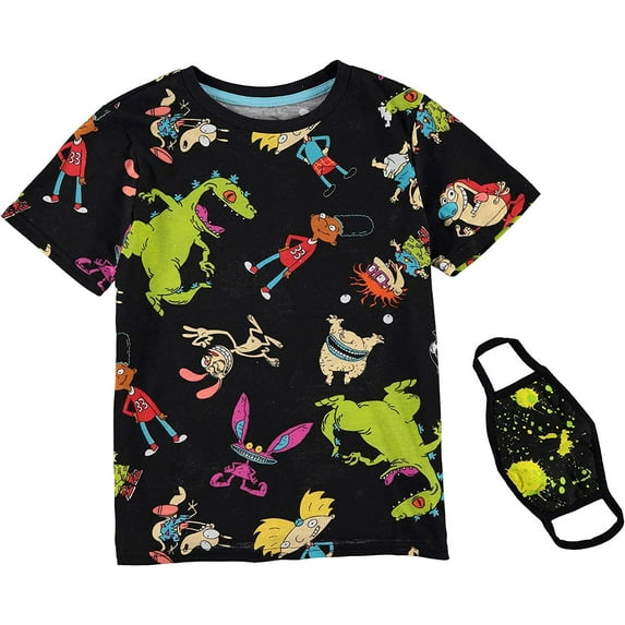 Nickelodeon Rugrats, Hey Arnold, All That Boys Short Sleeve T-Shirt Bundle with Face Mask 18-20, Black