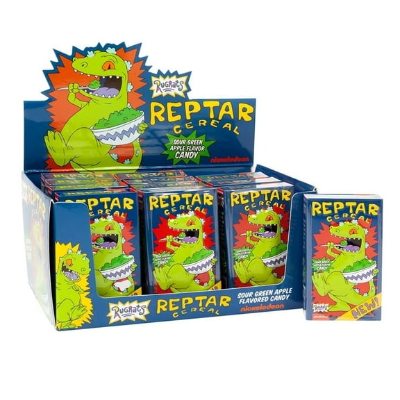 Nickelodeon Rugrats Reptar Cereal, Green Apple Flavored Candy, 1.2 Ounce Tin - 12 Count Display Box