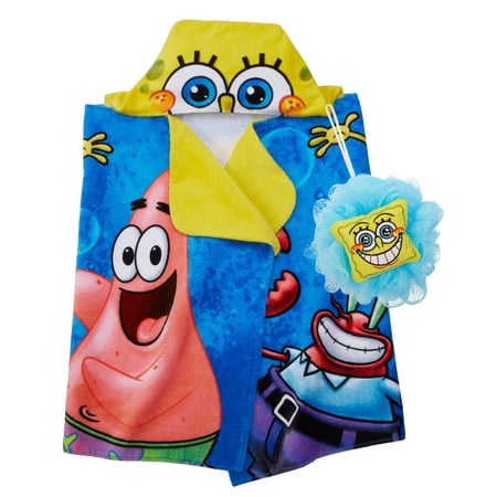 SpongeBob SquarePants Kids Hooded Towel and Character Loofah Set, Cotton, Blue, Nickelodeon