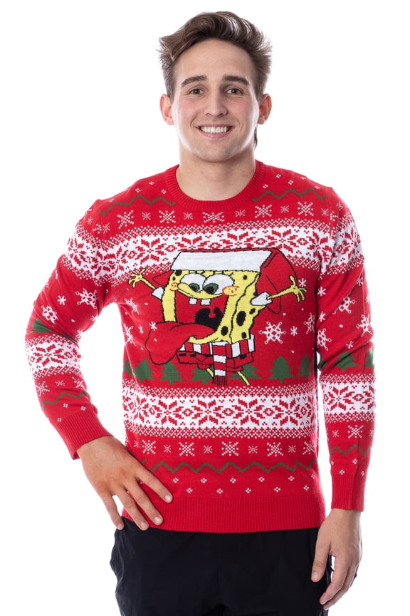 Nickelodeon SpongeBob SquarePants Men's Snowflake Catching Ugly Christmas Sweater Holiday Knit Pullover