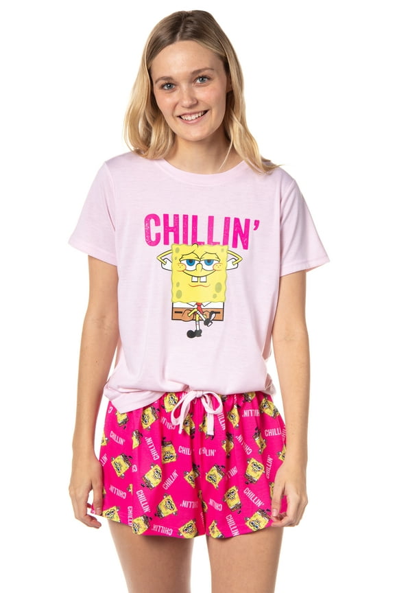 Nickelodeon SpongeBob SquarePants Women's Chillin' 2-Piece Short-Sleeve Pajama Short Set Sleepwear Loungewear