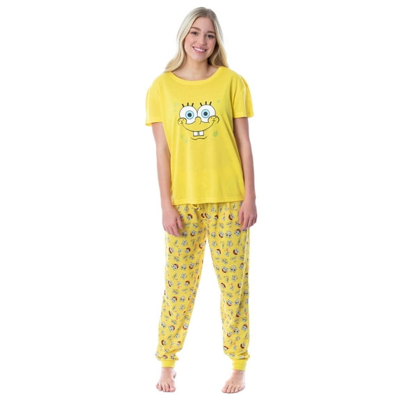 Nickelodeon SpongeBob SquarePants Faces Women's 2 Piece Pajama Set Short Sleeve Shirt And Pant Sleepwear Loungewear