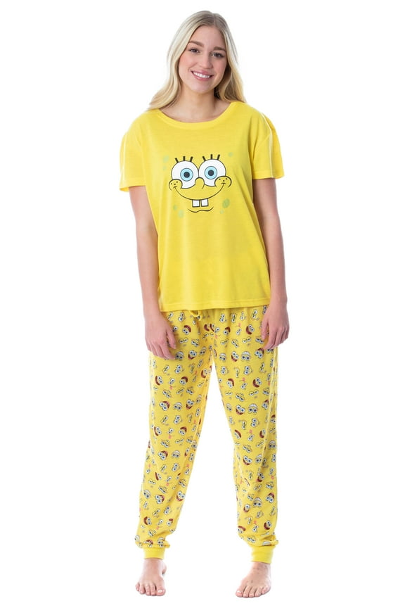 Nickelodeon SpongeBob SquarePants Faces Women's 2 Piece Pajama Set Short Sleeve Shirt And Pant Sleepwear Loungewear