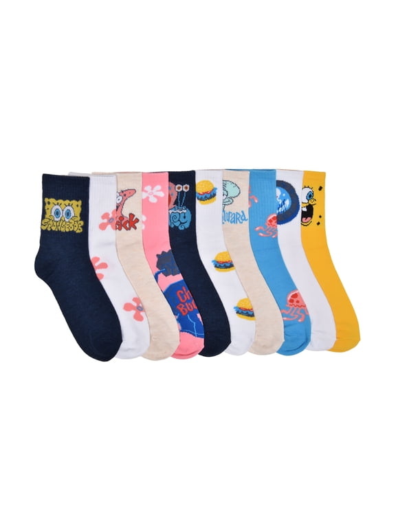 Nickelodeon SpongeBob Womens 10-Pack Crew Socks, Shoe Size 4-10