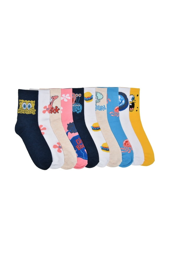 Nickelodeon SpongeBob Womens 10-Pack Crew Socks, Shoe Size 4-10