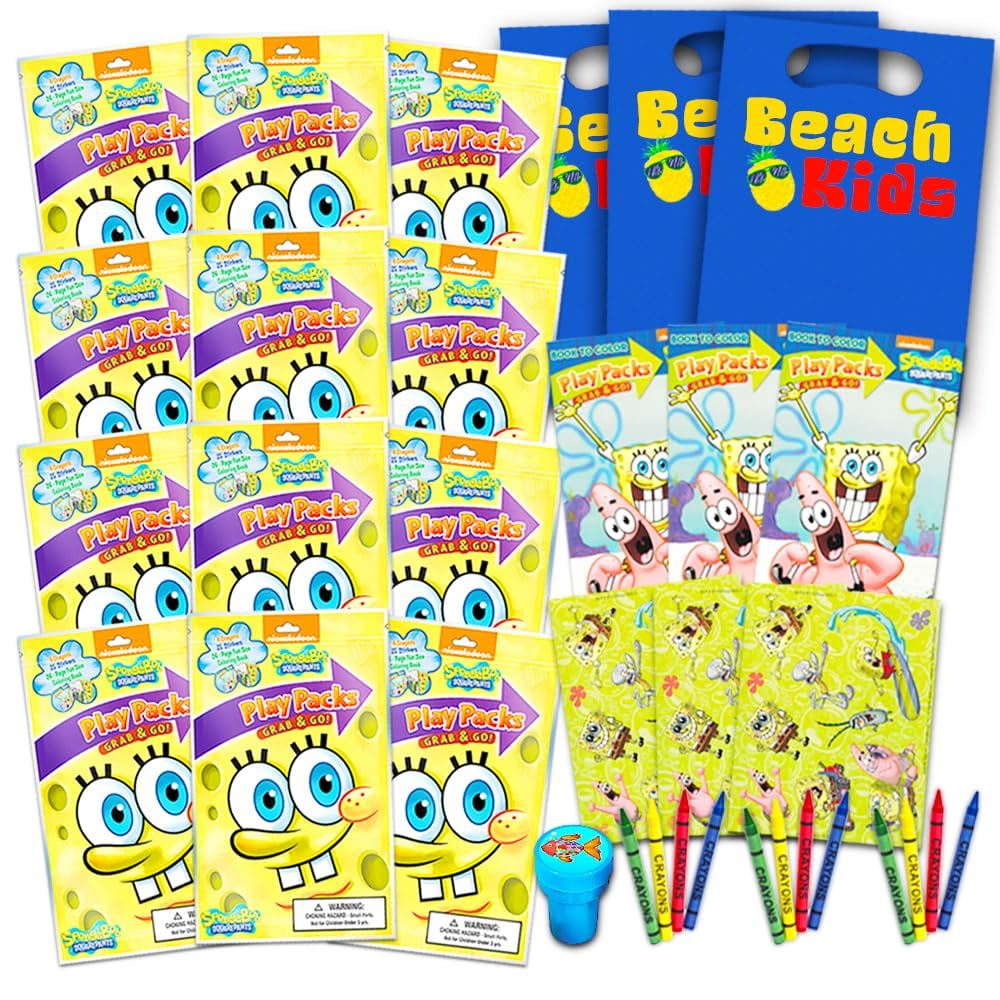 Nickelodeon Spongebob Squarepants Party Favors Pack ~ Bundle of 12 Spongebob Squarepants Play Packs with Stickers, Coloring Books, Crayons, Stamper (Spongebob Party Supplies) NY1