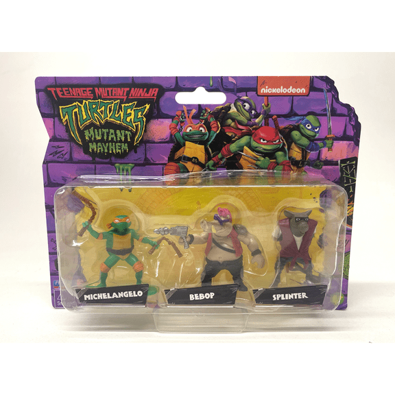 Nickelodeon TMNT Mutant Mayhem 3-Figure Set, 2-Inch Collectible Figures, Michelangelo, Bebop, Splinter