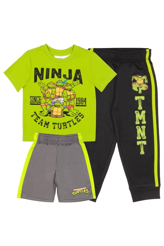 Nickelodeon Teenage Mutant Ninja Turtles Boys 3-Piece Pants Set - Short Sleeve Tee, Shorts, & Jogger TMNT 3-Pack Bundle Set (Size 5-4T)