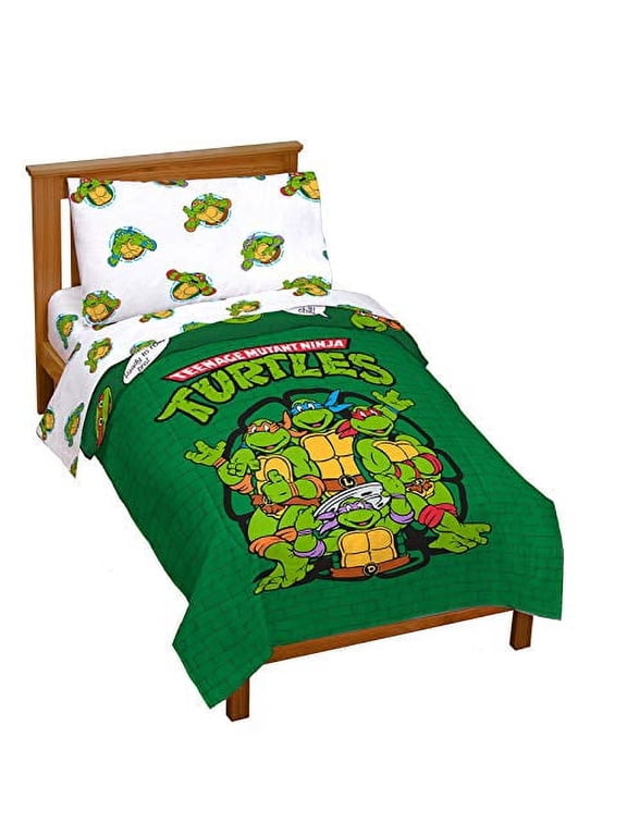 Nickelodeon Teenage Mutant Ninja Turtles Green Bricks 4 Piece Toddler Bed Set, 100% Microfiber