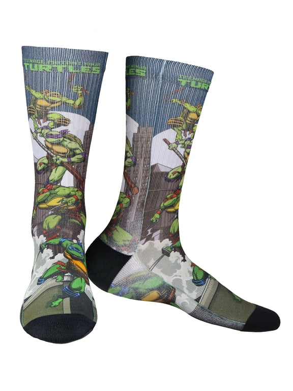 Nickelodeon Teenage Mutant Ninja Turtles TMNT Socks Men's Town Scape Sublimated Crew Sock Size 8-12
