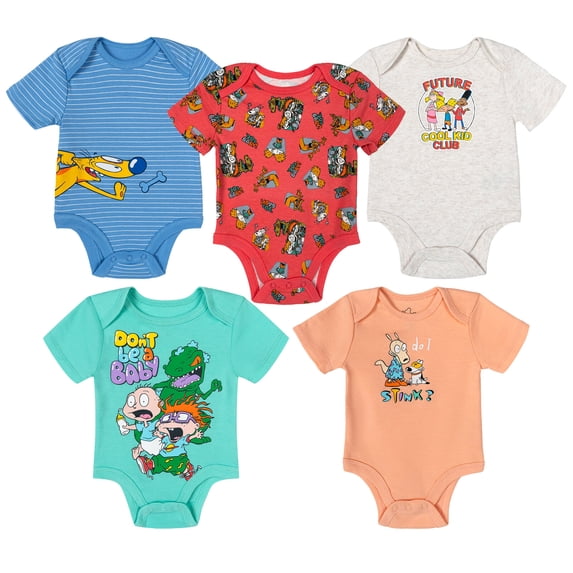 Nickelodeon The 90s Rugrats Rocko's Modern Life CatDog Hey Arnold 5 Pack Bodysuits Newborn to Infant