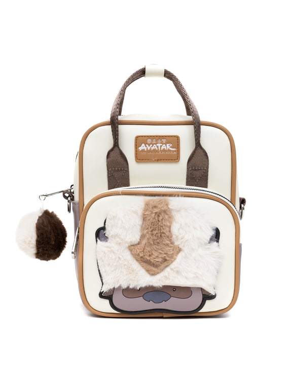 Nickelodeon Vegan Leather Crossbody Backpack for Men and Women with Adjustable Strap, Avatar Appa Furry Face and YIP! YIP! Text Debossed Tan