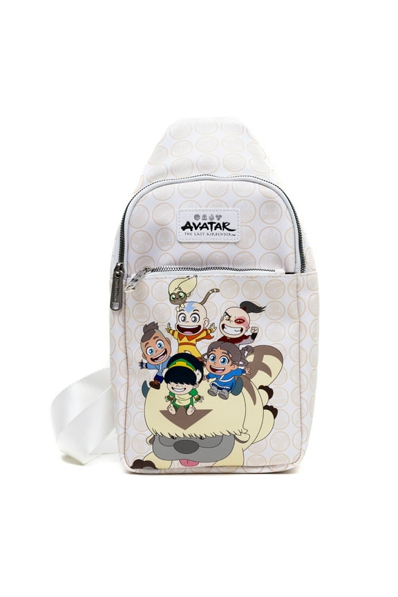 Nickelodeon Vegan Leather Crossbody Sling Bag, Avatar Last Airbender Chibi Group Pose on Appa, White, 7" x 14"