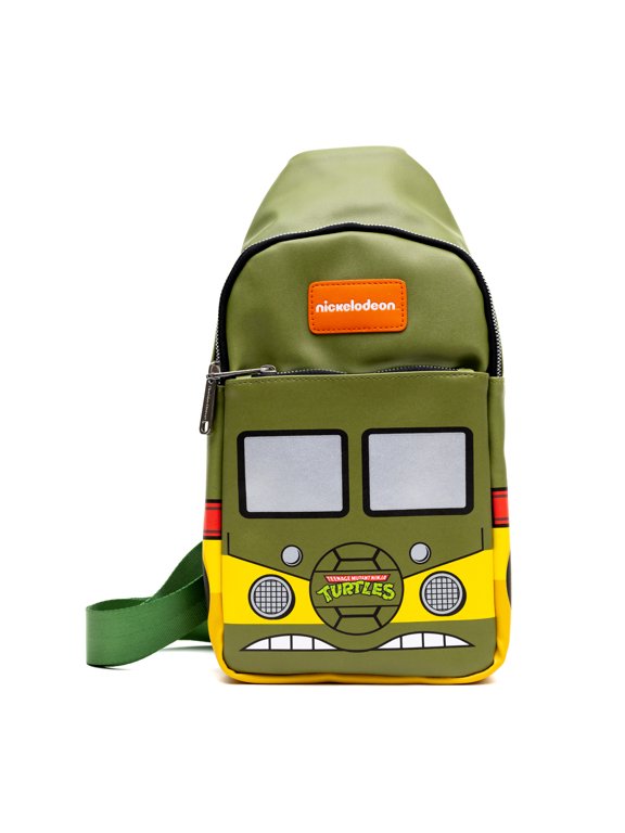 Nickelodeon Vegan Leather Crossbody Sling Bag, Teenage Mutant Ninja Turtles Party Van Close Up, Olive Green, 7" x 14"