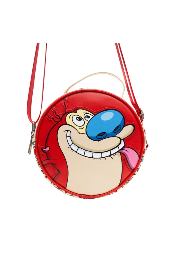 Nickelodeon Vegan Leather Round Crossbody Bag with Adjustable Straps, Ren and Stimpy Character Face Close Up Appliques, Red Beige