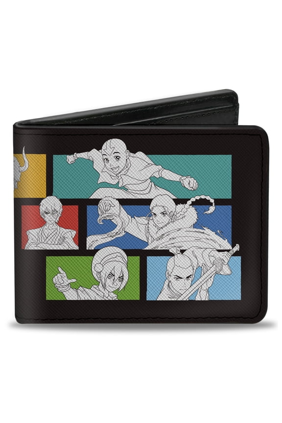 Nickelodeon Wallet, Bifold, Avatar Character Pose Blocks and Title Logo Black Multi Color, Vegan Leather