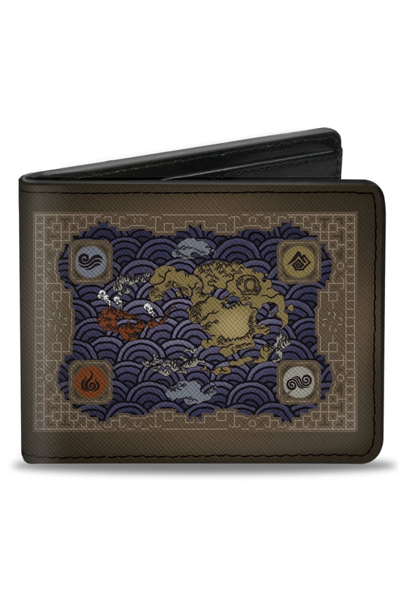 Nickelodeon Wallet, Bifold, Avatar Elements Map with Icons and Title Logo Browns, Vegan Leather